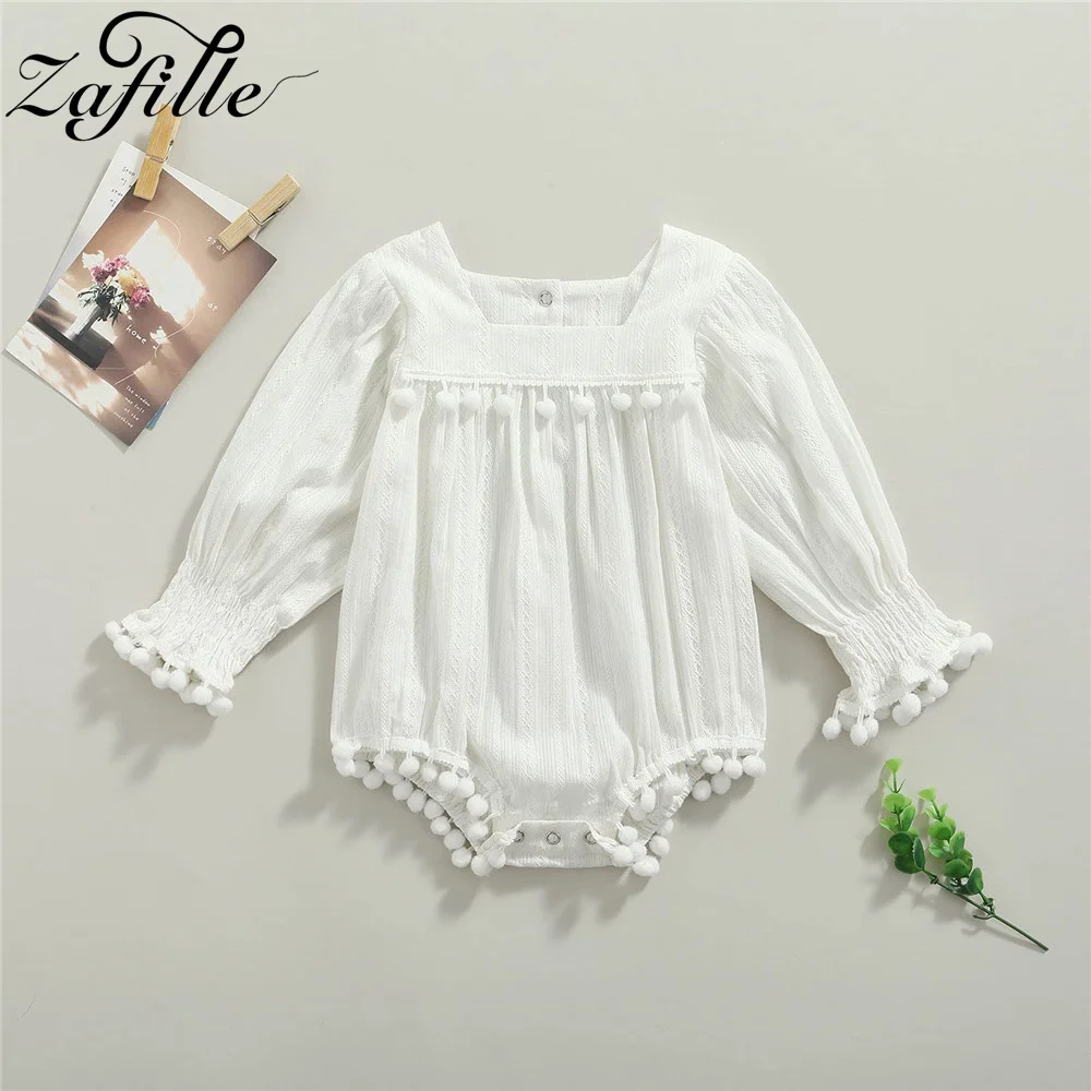 

ZAFILLE Cotton Linen Girls Infant Playsuit With Hairballs Solid Baby's Rompers Long Sleeve Jumpsuit For Kids Newborns Clothing