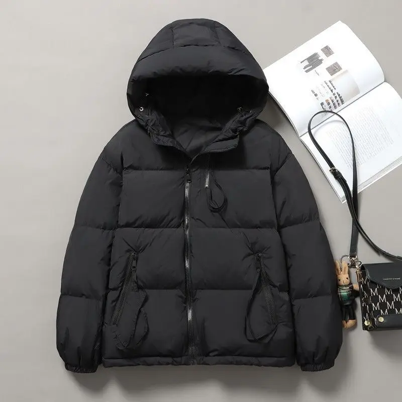 2023 New Winter Hooded Thickening Jacket Women Buttons Pockets White Duck Down Short Warm Coat Outwear Femme Tops Down M57