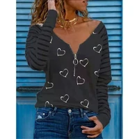 neck t shirt long sleeved sexy new plus love size casual v neck printing loose womens zipper top top t shirt pullover top new