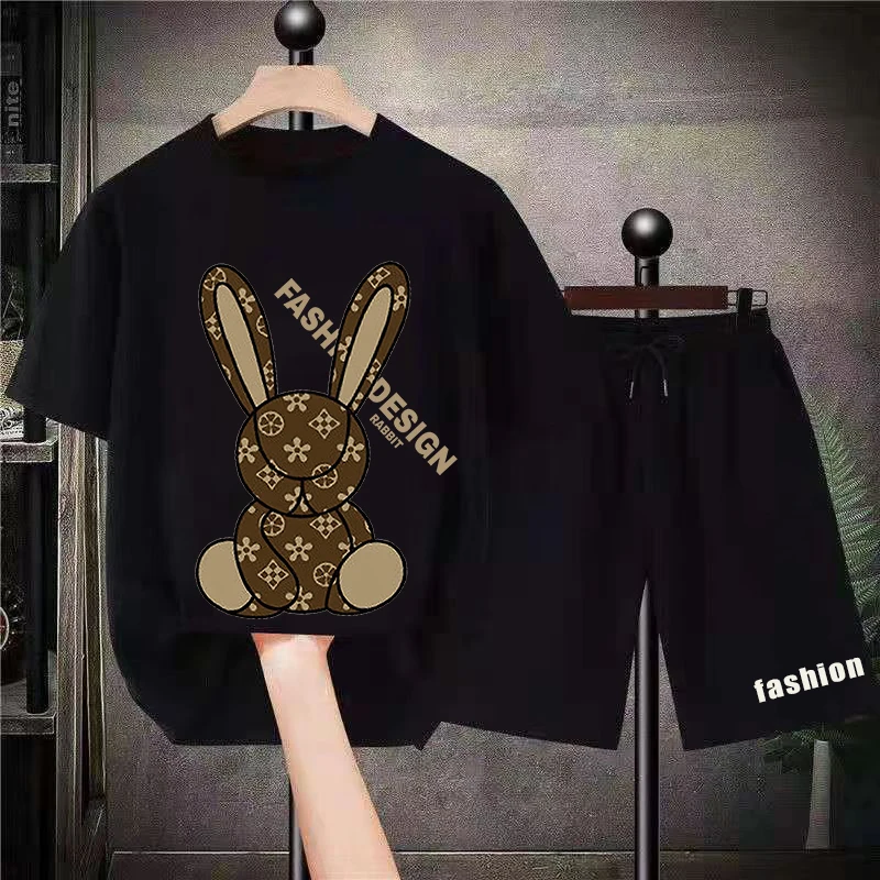 Long-eared Rabbit Print T-shirt Shorts Pure Cotton Luxury Oversized 2 Piece Set Men's Sets Plus Size Gym Fitness Men Clothing