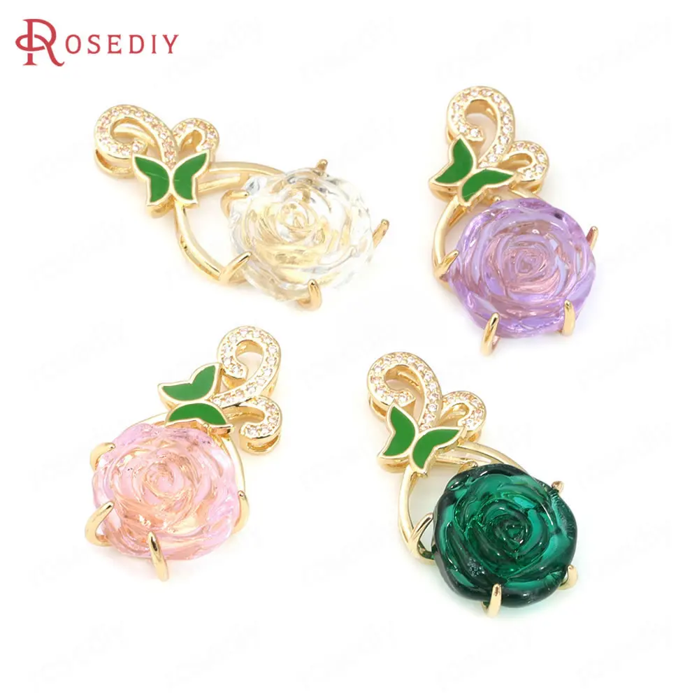 Латунные подвески и циркониевые Подвески В Форме Розы золотого цвета, 33 х18 мм