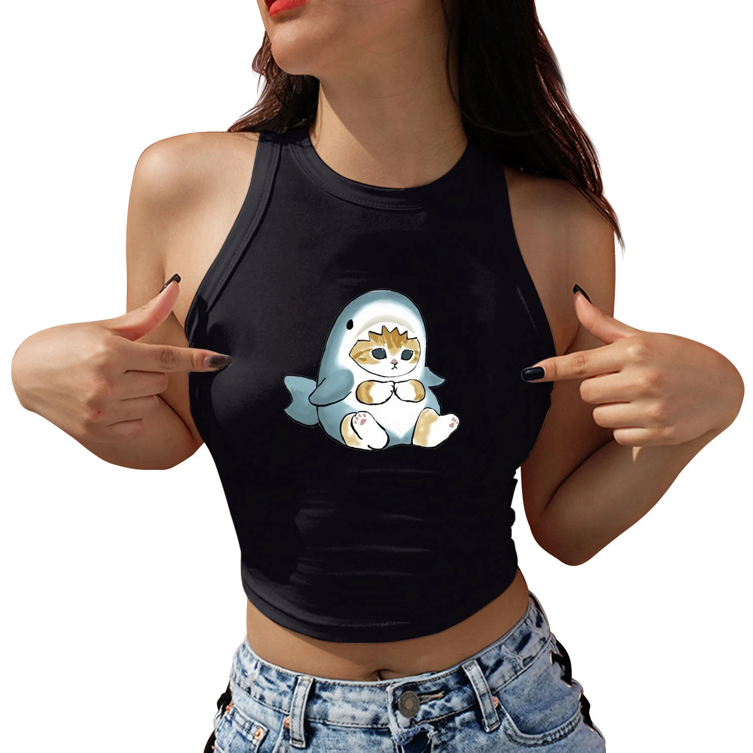Женский сексуальный укороченный топ с милым принтом акулы и кошек уличная одежда