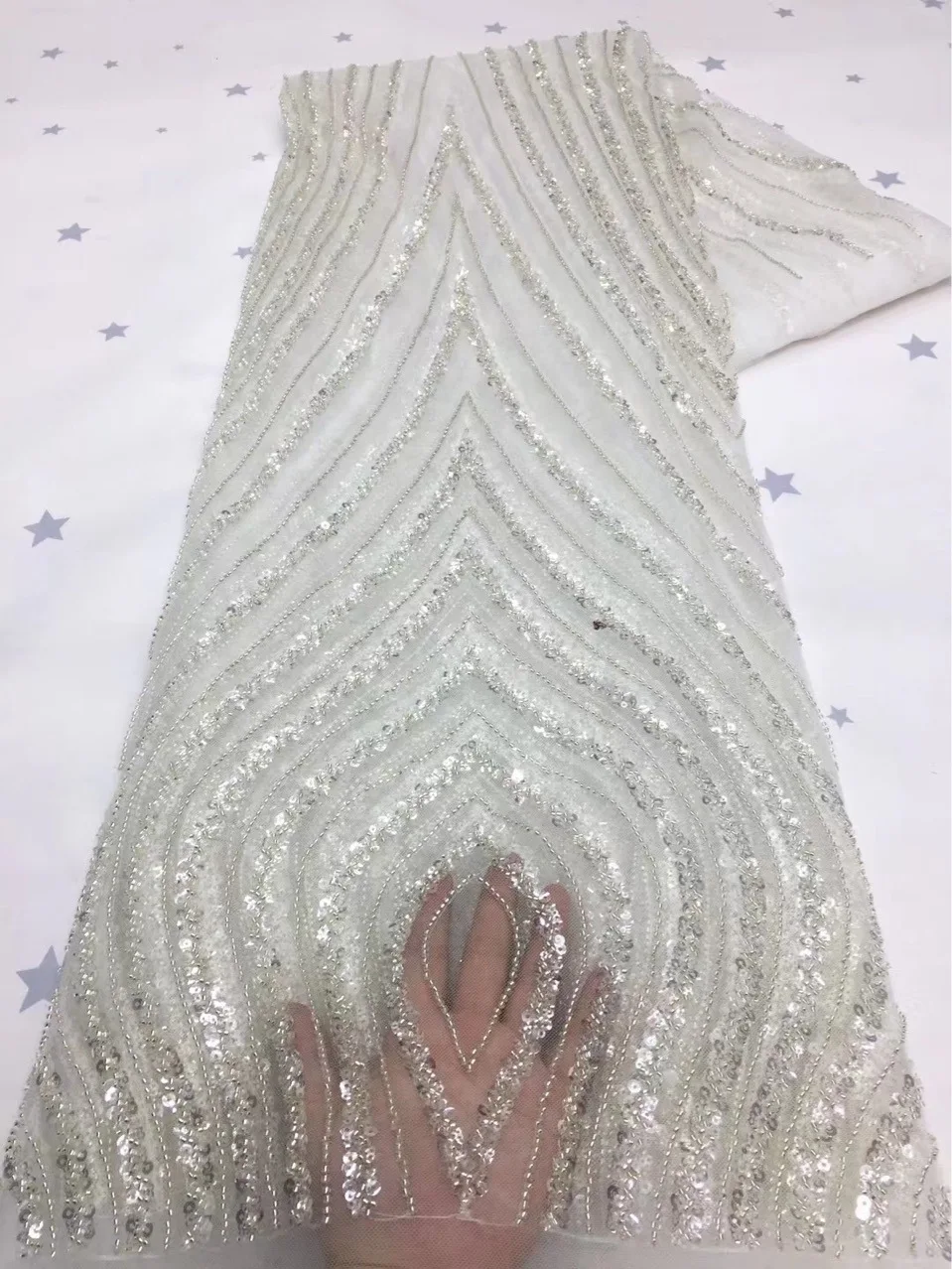 

1Yard Heavy Beadings White Beads Tulle Mesh Fabric DIY Wedding Dress Sewing Material