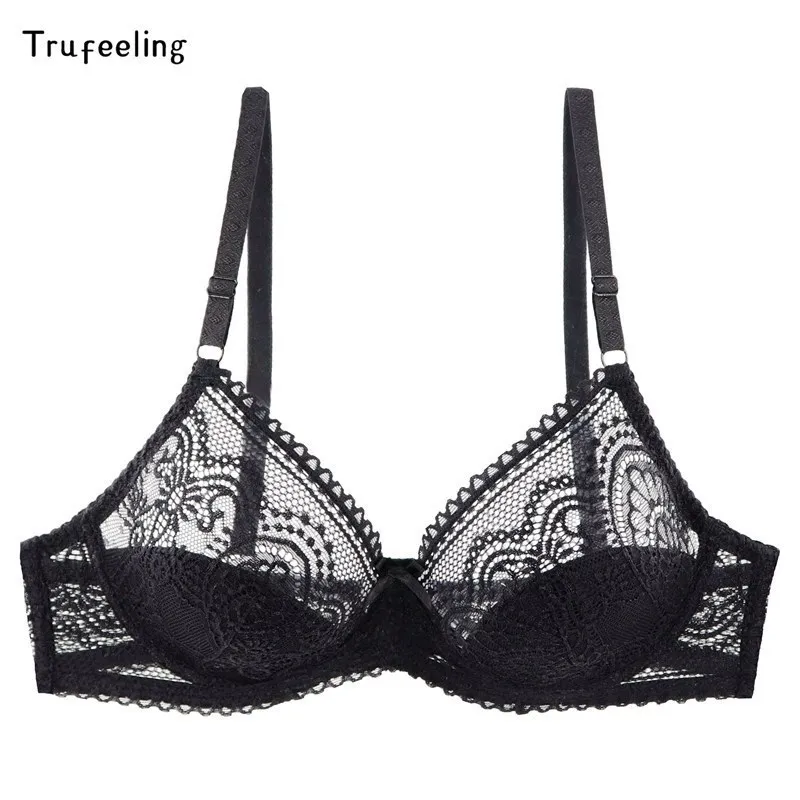 Trufeeling Sexy Bra Ultrathin Transparent 3/4 Cup Non Sponge Underwire Bralette Black Floral Lace Bra B C Cup for Young Girls