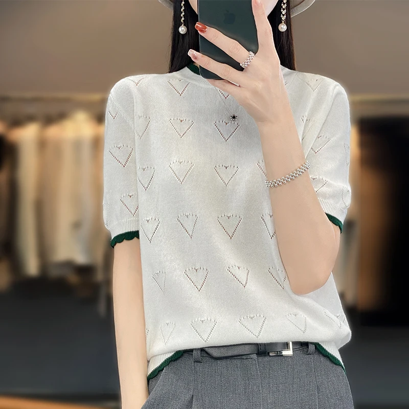 

Women's Top T-shirt O-Neck Summer 2023 New Knitted 100% Cotton Short Sleeve Sweater T-shirt Thin Cut Out Pullover