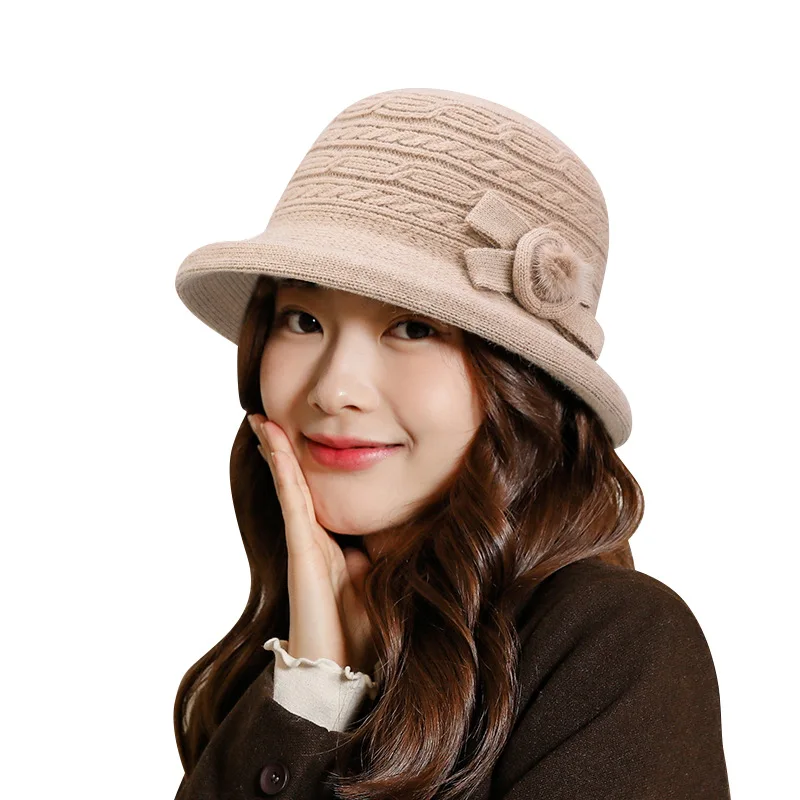 

New Bucket Hat Autumn Winter Ladies Knitting Wide Eaves Round Top Fishing Cap Outdoor Warm Solid Color Basin Hat Wholesale