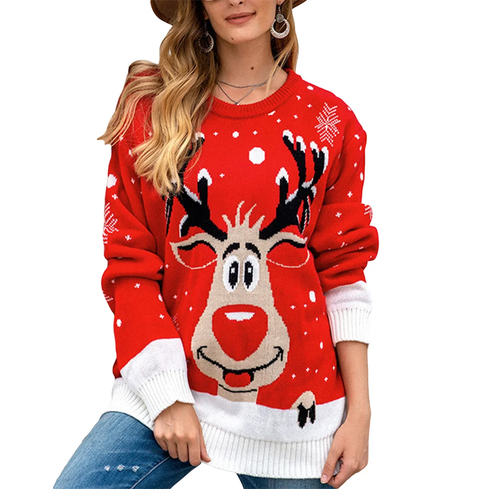 

Women's Christmas Sweaters Autumn Winter Warm Long Sleeve Crewneck Knitwear Reindeer Print Pullover Cartoon Jumpers 2023