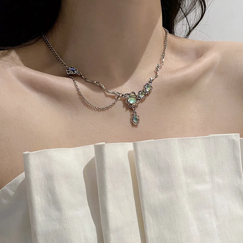 

RACHELZ 2023 Stainless Steel Moonstone Pendant Necklace For Women Elegant Irregular Tassel Opal Necklace Choker Jewelry Gift