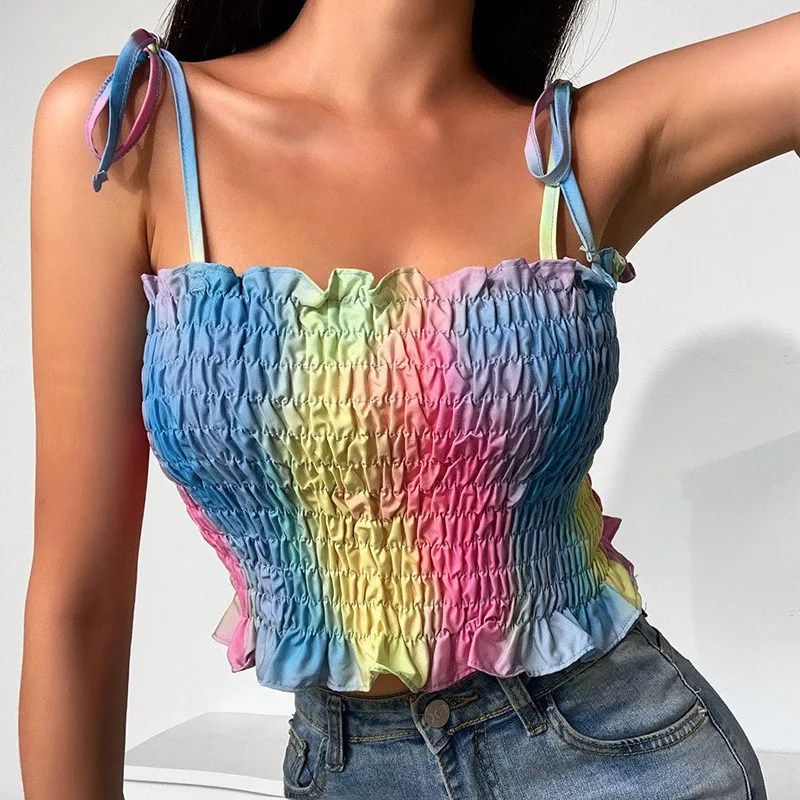 

2023 Spring Summer Women Multicolour Sexy Sleeveless Tie Dye Crop Tops All-Match Party Tank Tops Ladies Elegant Casual Camis Y2k