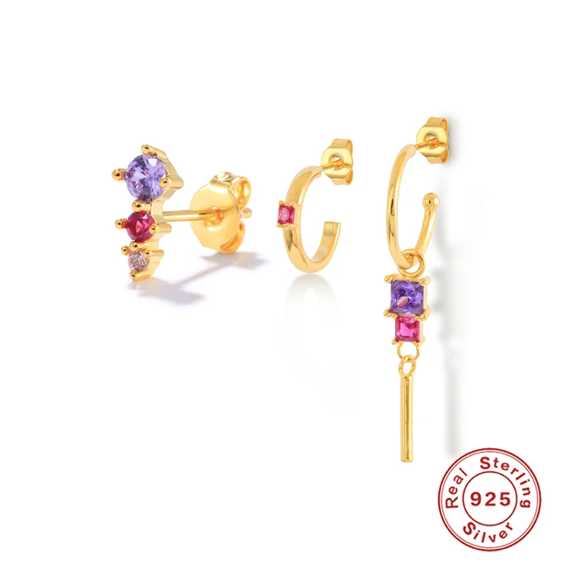 

CANNER 3pcs/set Colorful Zircon Earrings Genuine 925 Sterling Silver Stud Earring For Women CZ Pendientes Plata 925 Jewerly