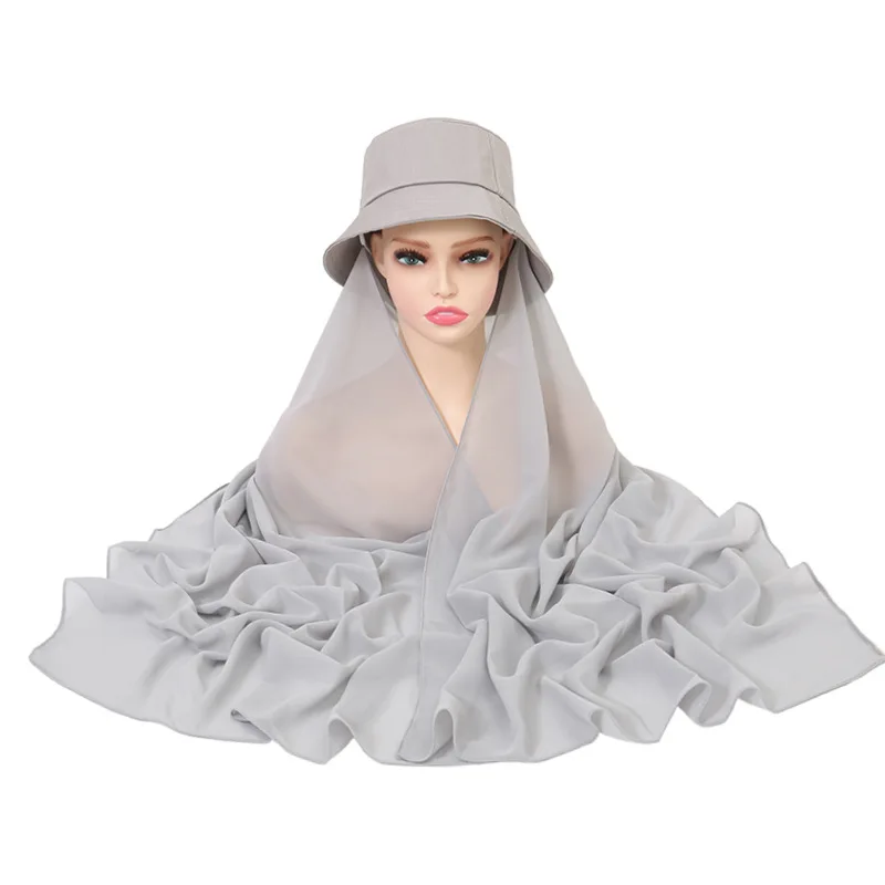 Ready To Wear Instant Hijab Muslim Women Bucket Hat With Chiffon Hijabs Summer Sports Cap With Scarf Islam Headscarf Turban