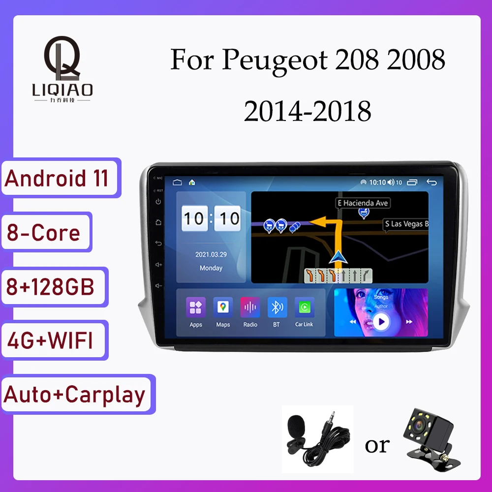 

Автомобильный мультимедийный видеоплеер 2din для Peugeot 208, 2008, 2014-2018, Android 11, GPS, QLED, сенсорный экран 1280*720, Bluetooth BT