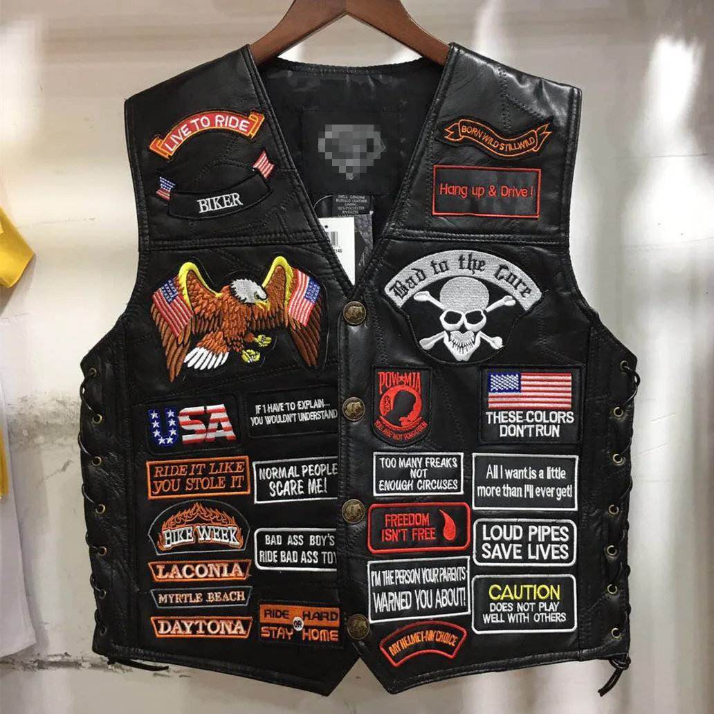 2022 new men's European and American Harley vest Leather Vest riding vest 42 embroidered badge Leather Vest men