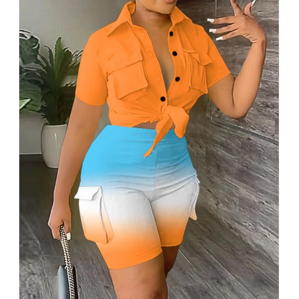 

Women's Lapel Pocket Gradient Printed Fashion Set Lady Casual Short Sleeved Single Breasted Top And Shorts Two-piece Set Outfits