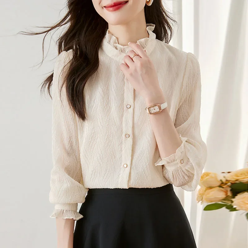 Новая женская рубашка с длинным рукавом однотонная рюшами блузка женские топы