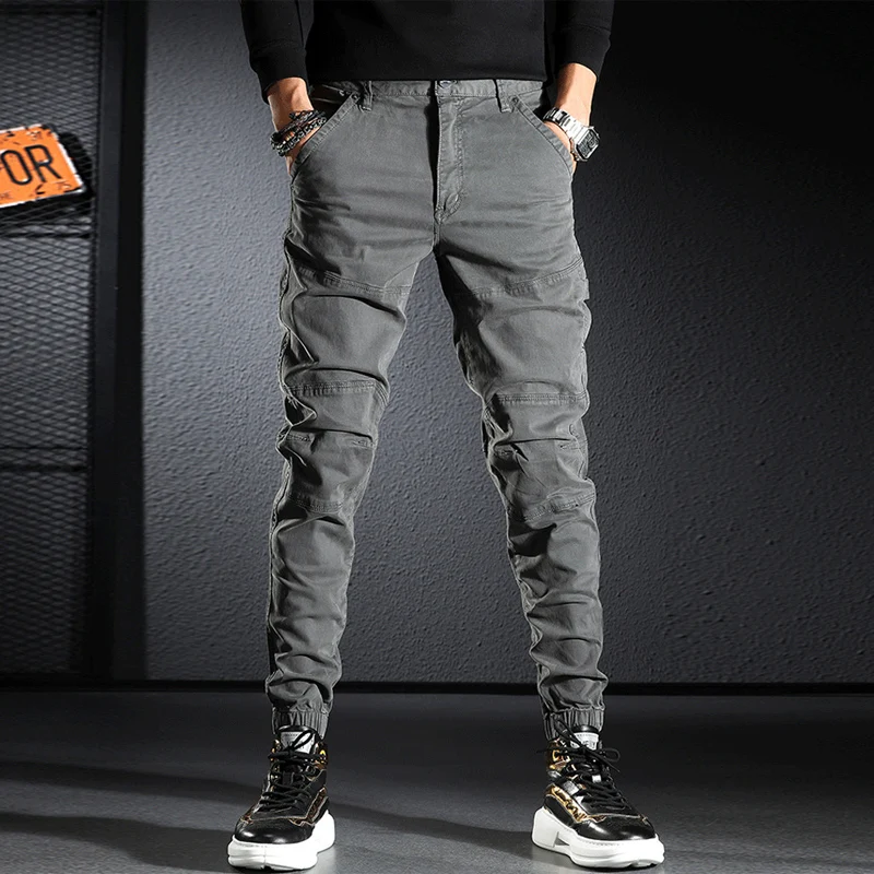 Fashion Streetwear Men Jeans Elastic Spliced Designer Stretch Casual Cargo Pants Hombre Korean Style Hip Hop Joggers Men Overall