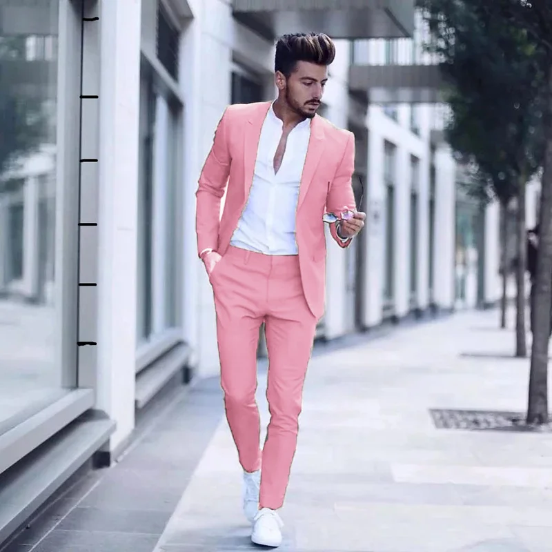 

2024 Повседневный Модный Роскошный деловой мужской костюм для свадебной вечеринки смокинги приталенные пиковые лацканы розовые костюмы для мужчин (пиджак + брюки)