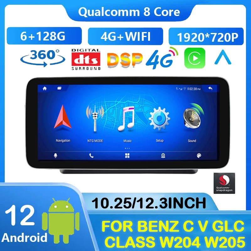 

Автомобильное видео Qualcomm 6 + 128G Android 12 для Mercedes Benz C V GLC Class W204 W205 автомобильное радио стерео GPS CarPlay экран головное устройство 4G