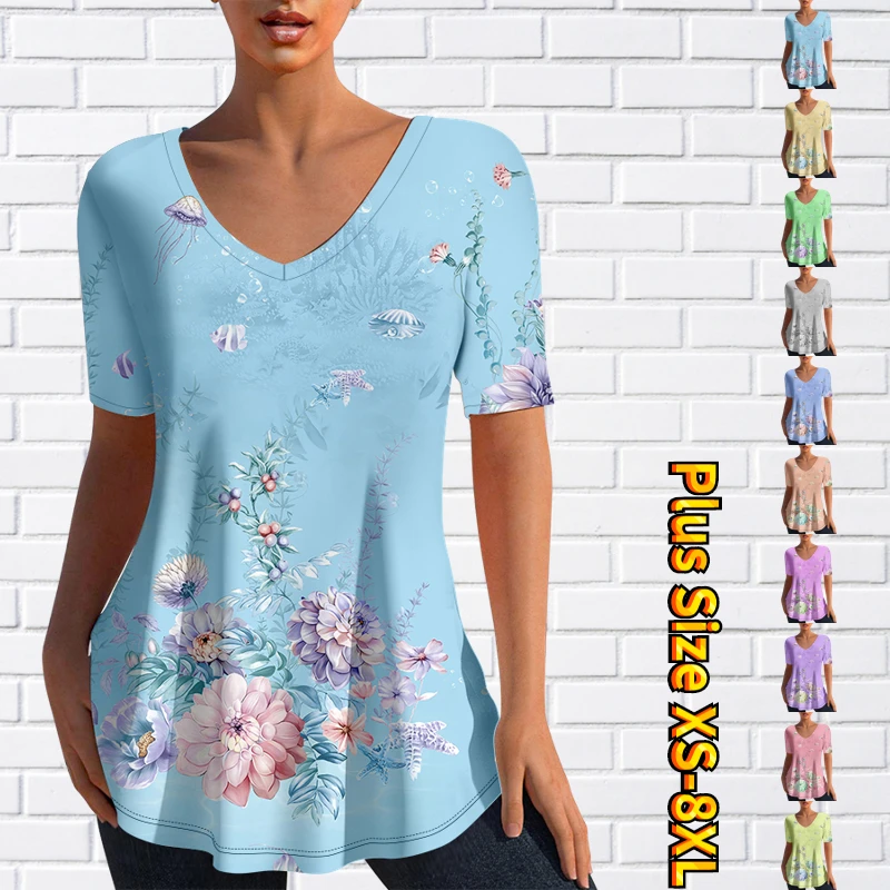 

Футболка женская с V-образным вырезом, Модный пуловер с принтом, топ с коротким рукавом, повседневная Облегающая рубашка, лето 2023