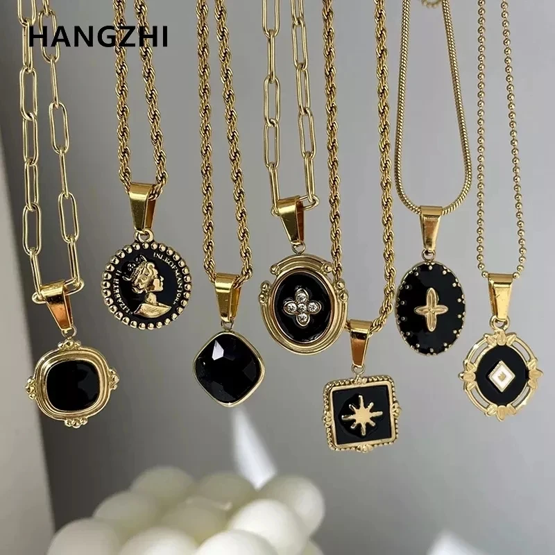 

HangZhi 2021 New Retro Black Enamel Oval Square Cross Portrait Pendant Necklaces Vintage Titanium Steel Chain On Neck Jewelry