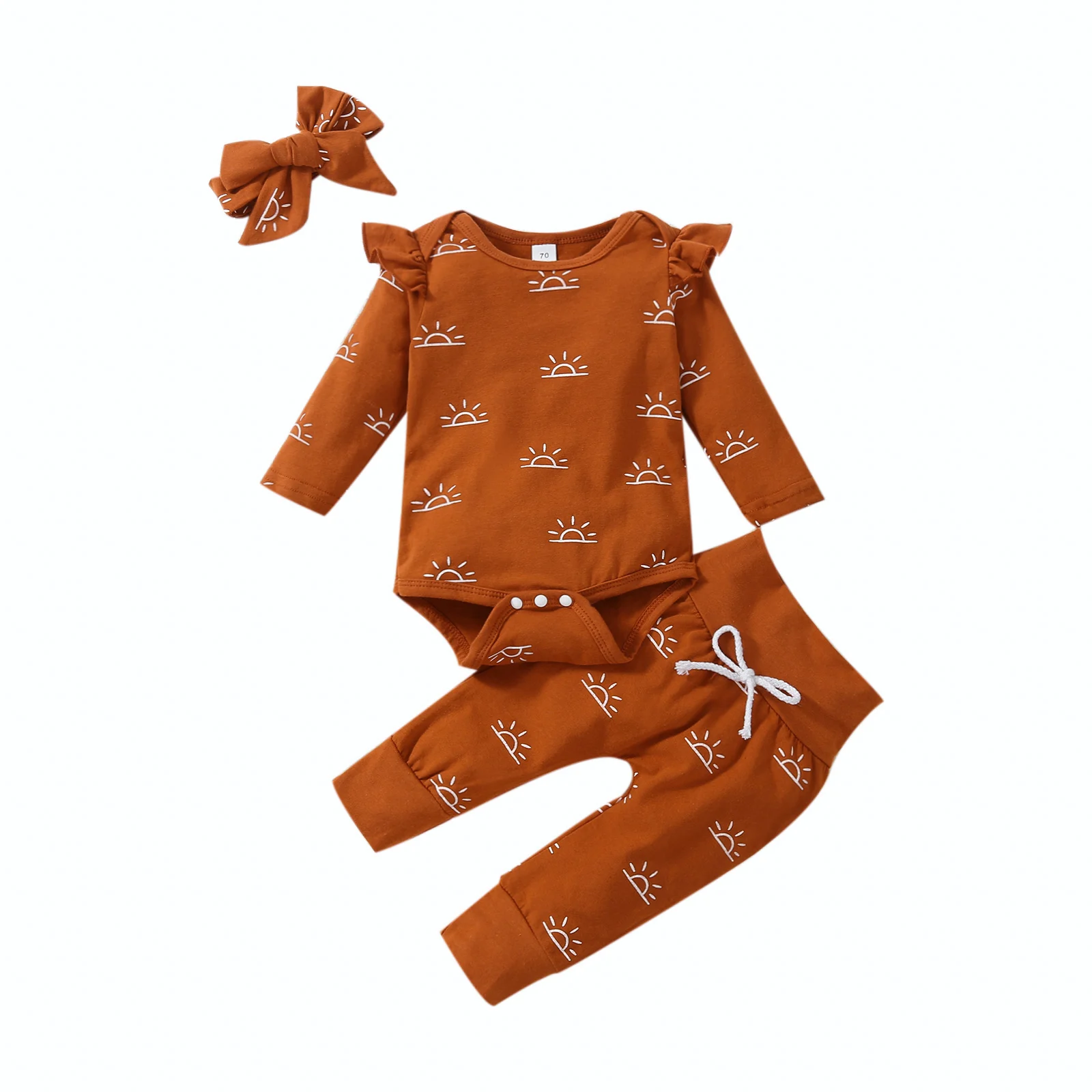 

3 Pcs Newborn Sun Print Outfits Toddler Fly Sleeve Round Neck Playsuit + Trousers with Drawstring + Bow Headband