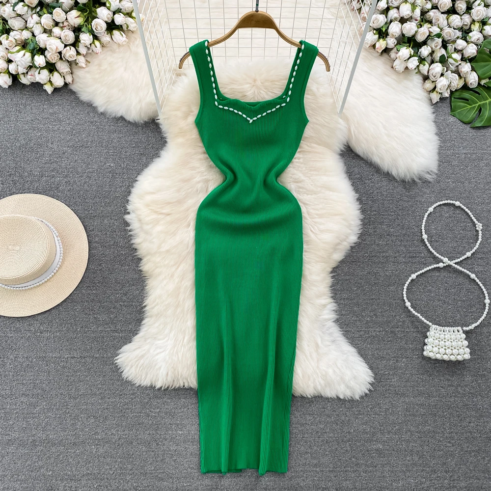 

Tight Fitting Suspender Dress Sexy Open Back V-neck Waistband Slimming Mid Length Knitted Buttock Wrap Dress