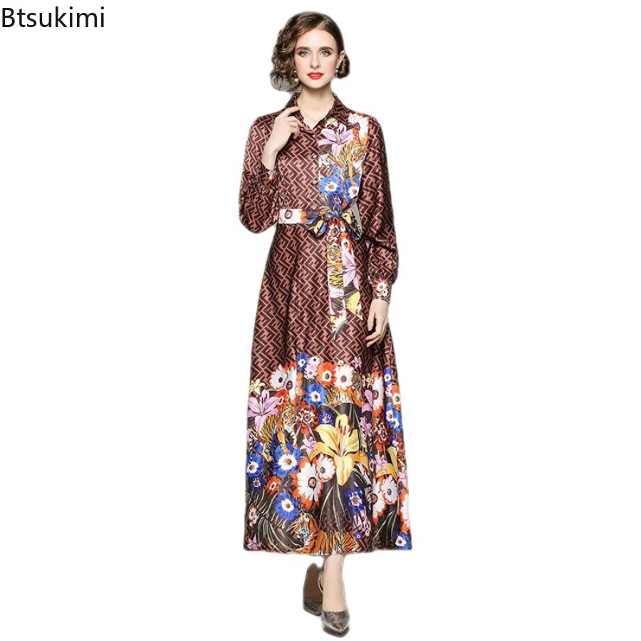 2023 Women's Muslim Abaya Long Dress Fashion and Temperament Long Sleeve High  Waist Printing Dress with Lace Up Belt Vestidos