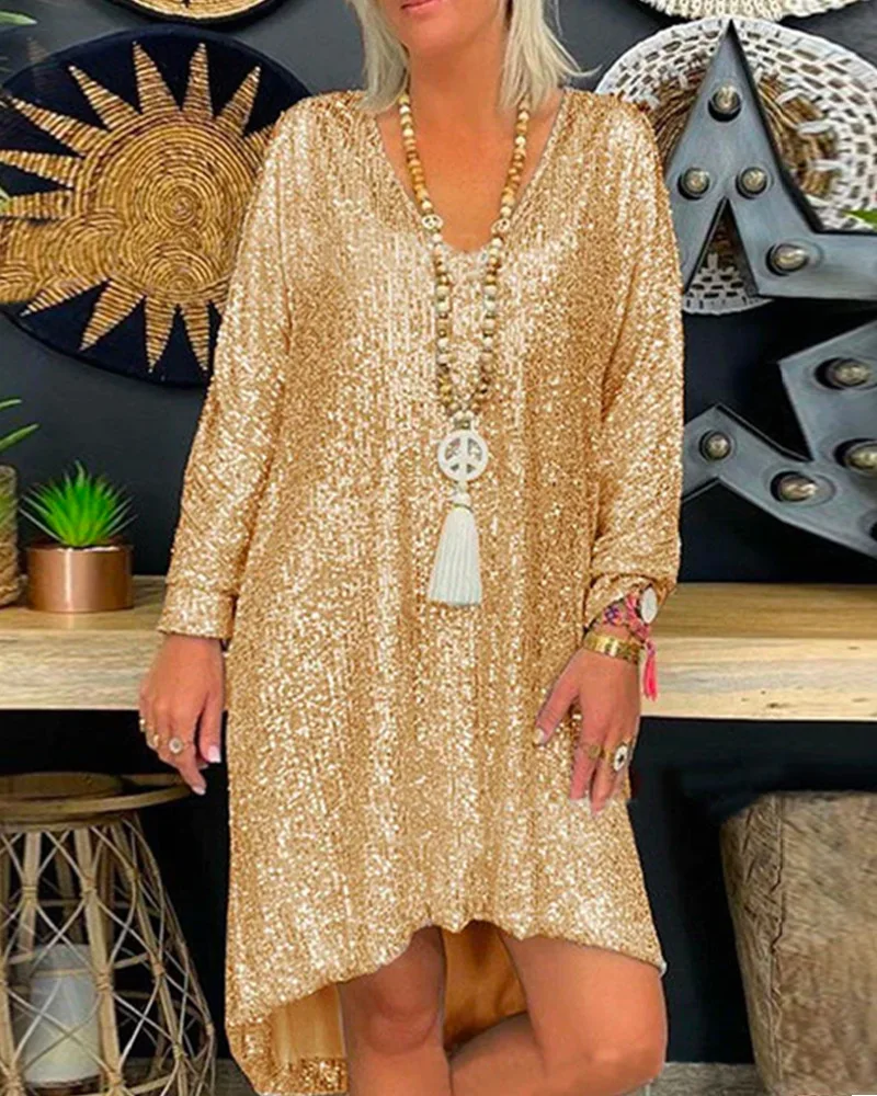 

Women O Neck Loose Fashion Long Sleeve Dip Hem Sequin Dress Casual Sexy Party Mini Dress