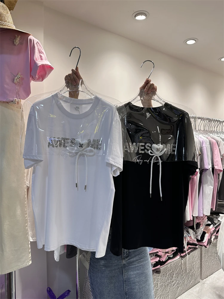 

Женская хлопковая Базовая футболка с коротким рукавом, Повседневный пуловер средней длины с надписью и бисером, свободная белая футболка, Н...