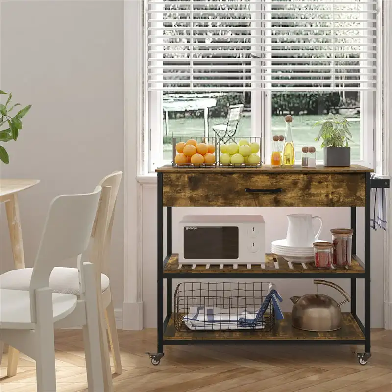 

Fast shipping 3-Tier Rolling Kitchen Island Serving Cart with Storage, Rustic Brown