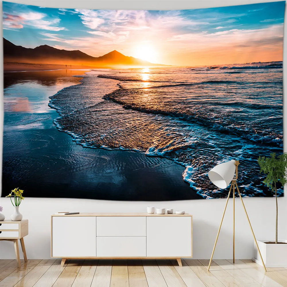 

Beautiful Sunset Ocean Landscape Tapestry Wall Hanging Forest Waterfall Lotus Cloth Tapestry Home Decor For Living Room Bedroom