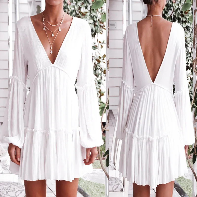 

Sexy Women Clothing Spring and Autumn Front and Rear Deep V-neck Long Sleeve Lantern Sleeve Solid Color Dressvestidos