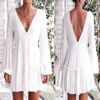 sexy women clothing spring and autumn front and rear deep v neck long sleeve lantern sleeve solid color dressvestidos
