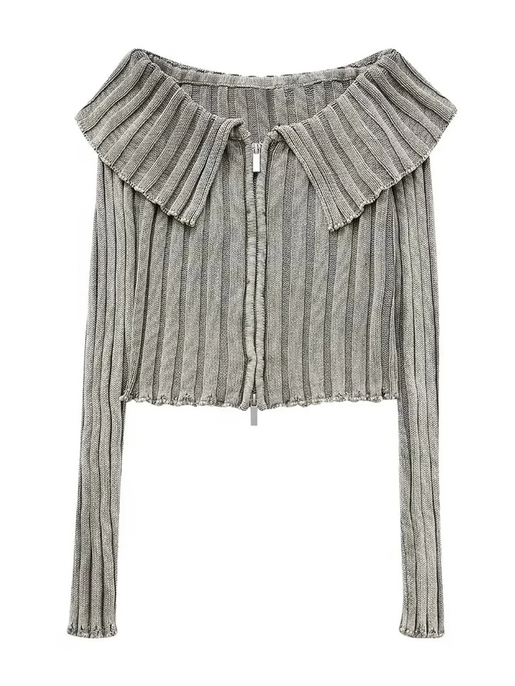 

Женский трикотажный кардиган с высокой талией, в рубчик, на молнии, Осенний Повседневный облегающий короткий свитер в полоску с отложным воротником, 2023