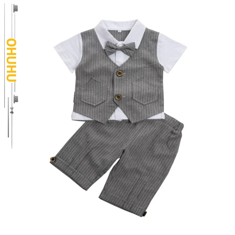 

2022 Summer New Formal Dress Boy's Clothing Thin Striped Two-piece Spring and Summer Cotton Short-sleeved Gray Khaki 212254