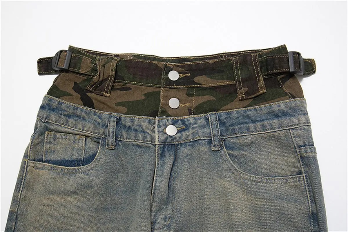 Men's Autumn New High Street Fashion Brand Retro Camouflage Stitching Personalized Buttons Washed And Old Straight Casual Jeans