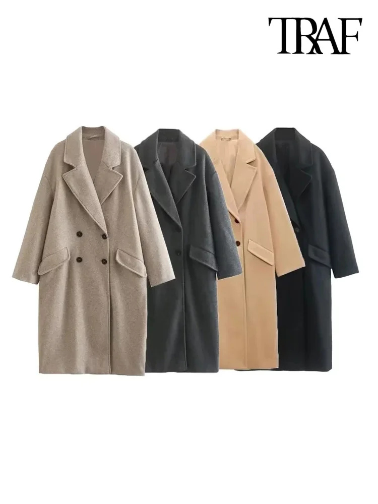 

TRAF Women Fashion Oversized Double Breasted Woolen Coat Vintage Long Sleeve Flap Pockets Female Outerwear Chic Overcoat