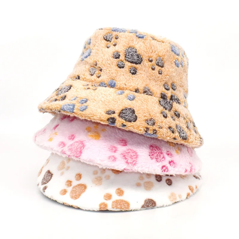 

Cute Dog Paw Print Bucket Hat For Women Winter Autumn Plush Thicken Warm Fisherman Cap Outdoor Casual Windproof Visor Hat Panama