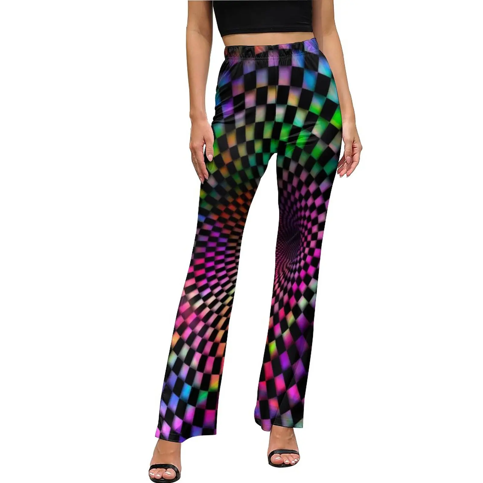 

3d Tie Dye Checkered Pants Optical Illusion Print Home Flare Trousers Summer Women Printed Street Wear Slim Fit Pants