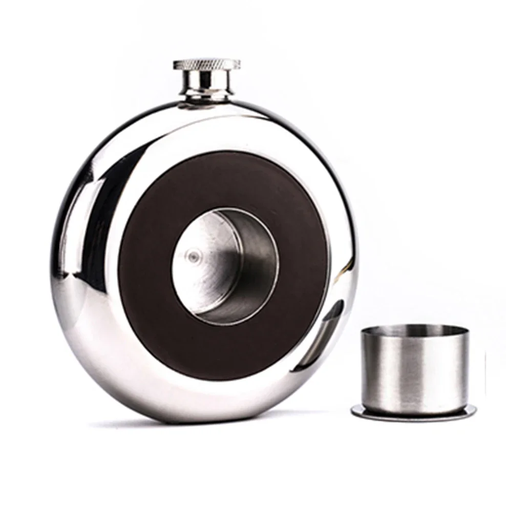 

5oz Mini Round Hip Flask Russian Outdoor Portable Small Flagon With Wine Glass 304 Stainless Steel Pie-Shaped Wine Jug