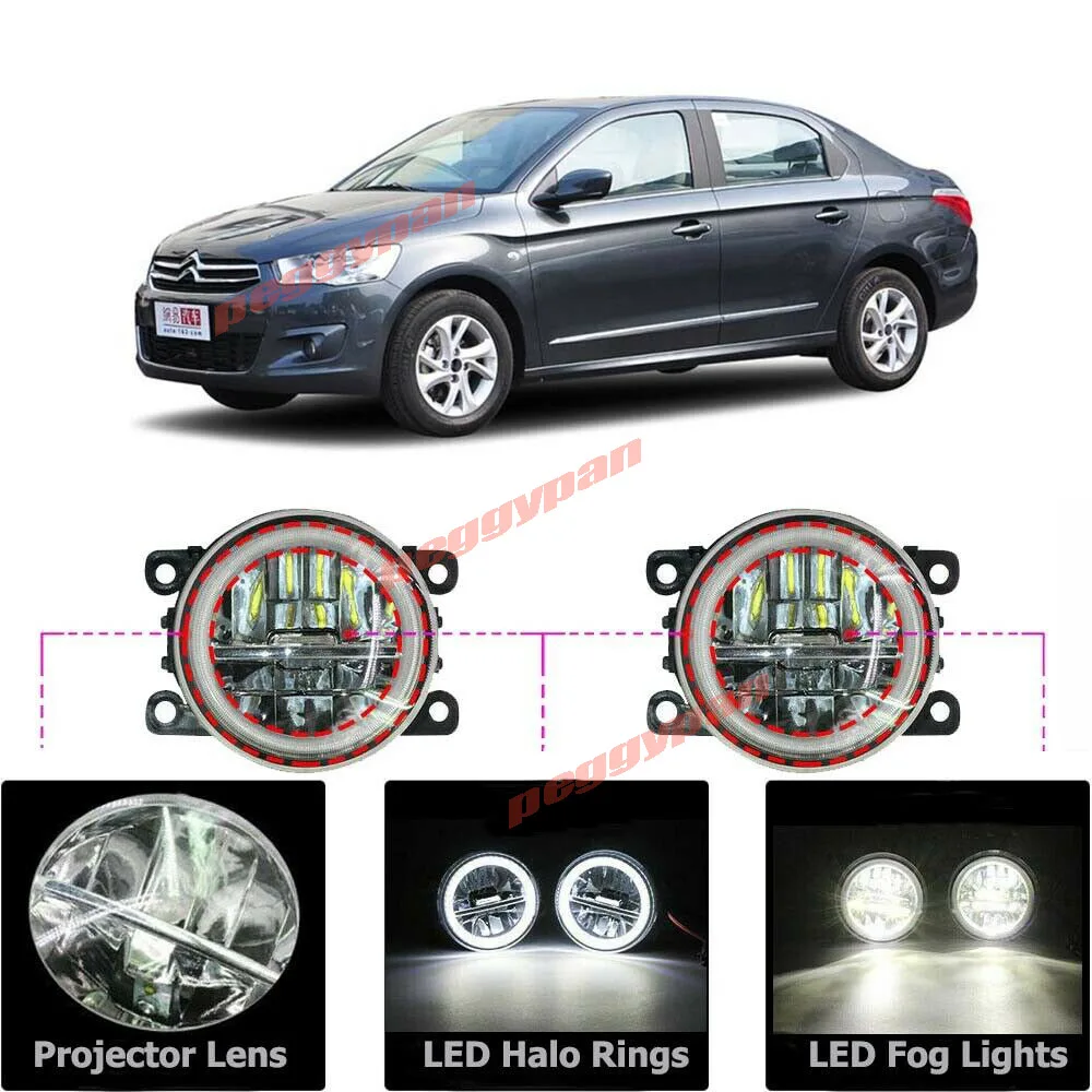 

New LED Fog Light Kit Angel Eye Rings HD Glass Lens DRL Daytime Running Lamp Fit For Citroen C-elysee 2012-2018