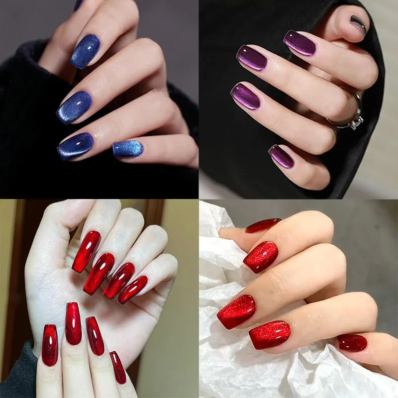 Синий Фиолетовый Красный Сверкающий Котячий Глаз Nail Art Модный Сплошной Цвет