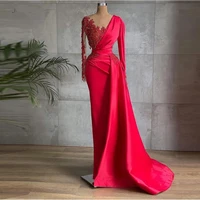 on zhu glamorous red satin dubai evening dresses long sleeves sheer neck beads prom gowns celebrity formal dress %d9%81%d8%b3%d8%a7%d8%aa%d9%8a%d9%86 %d8%a7%d9%84%d8%b3%d9%87%d8%b1%d8%a9