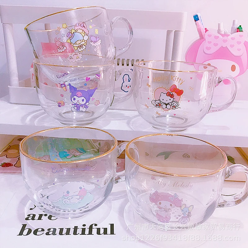 

400ML Sanrioed kitty My Melody Kuromi Cinnamoroll Breakfast Cup Straw with Lid Anime Kawaii Milk Juice Water Cup Glass Kid Gifts