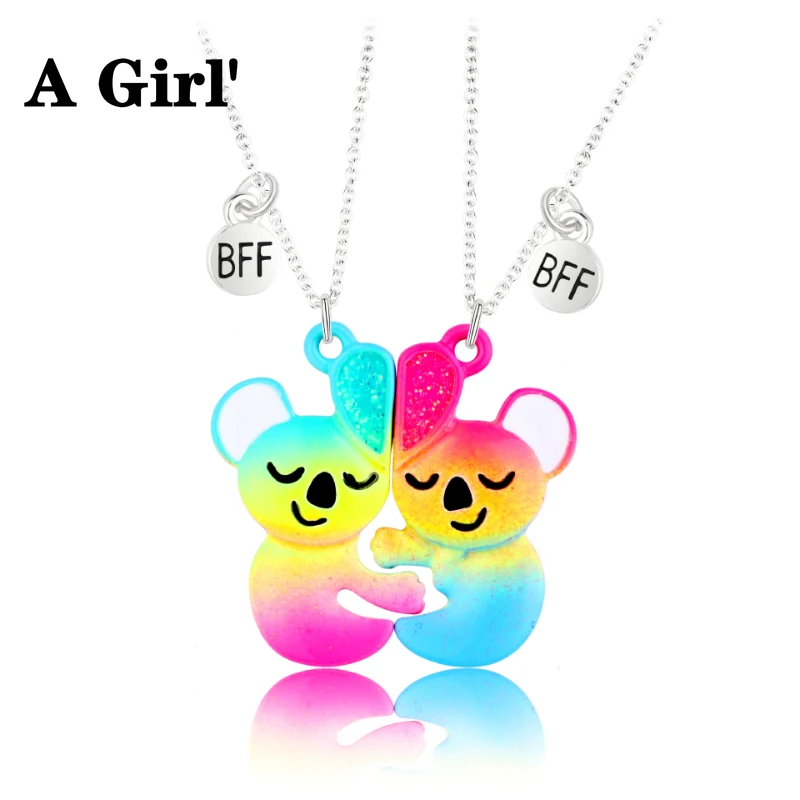 

New 2PCS/Set Cute Colorful Raccoon Shape Pendant Chain Best Friends Necklace BFF Friendship Children's Jewelry Gift for Girls