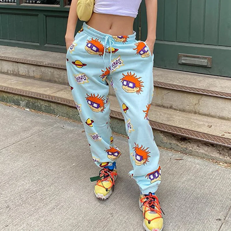 

2022 Print Joggers Cargo Baggy High Waist Cartoon Print Pattern Loose Sweat Pants Women Fall Clothes Female Streetwear Trousers