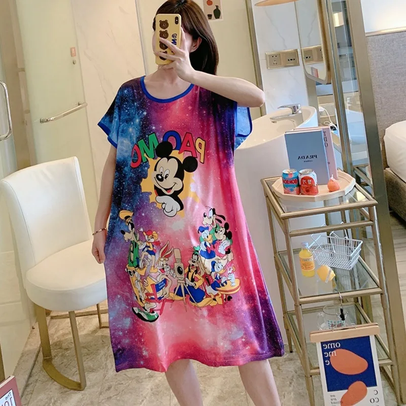 

Disney Nightdress Pajamas Mickey Cute Cartoon Loose Summer Nightdress Women's Clothing Thin Short Sleeve Round Neck Homewear