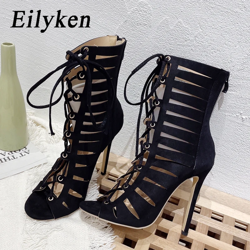 

Eilyken/Новые пикантные черные ботинки на шнуровке; Босоножки; Женские туфли-лодочки на высоком тонком каблуке; Уличная обувь с открытым носком и вырезами