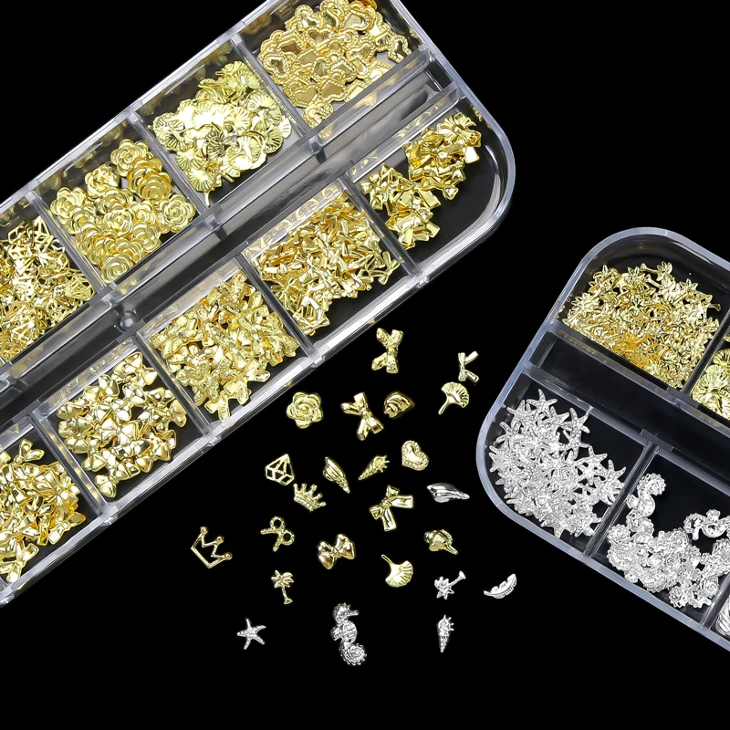 12 ячеек золотые серебряные морские ракушки звезды перья очаровательные ногти