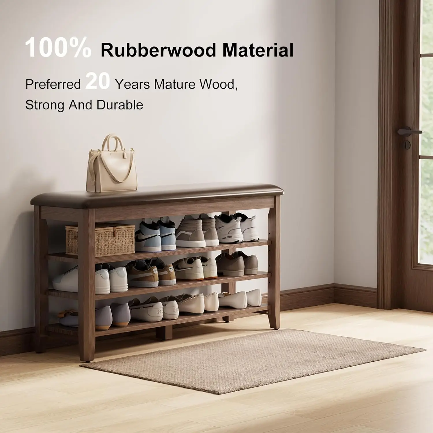 Скамейка для обуви с кожаной подушкой 3-ярусная скамейка хранения регулируемой